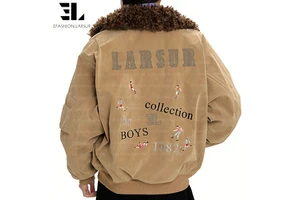LARSUR Custom Factory Embroidered Washed Cotton Twill Bomber Jacket With Fur Collar Dtg Dgt Printed Motorcycle Denim Jean Jacket