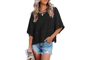 New Splicing Solid Color Flared Sleeves Casual Loose T-shirt Top Summer Lightweight and Breathable Women's Casual Clothing