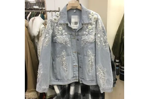 2026 Spring New Women's Beaded Lace Sequin Denim Jacket Light Color Loose Casual Coat Top