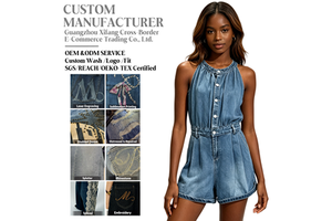High Quality Denim Halter Short Jumpsuit Women Sleeveless Casual Minimalist Style Factory Direct Wholesale Customizable Soft