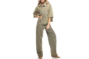 New Arrival High Quality Women Denim Jeans Set Laser Engraved Jacket Acid Wash Faded Denim Wide Leg Jeans Women Denim Suit