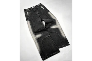 MZN Customized Men's Worn-Out Washed Wide-leg Denim Pants, Deconstructed Style Streetwear Loose Denim Pants