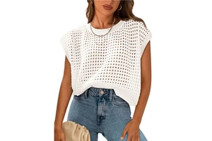 Women's Round Neck Hollow-out Sun Protection Knitted Sleeveless Tops Summer Bohemia Beach Style Solid Color Breathable Pullover