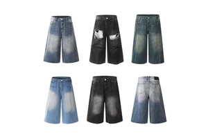 OEM ODM American Retro Oversized Distressed Denim Shorts for Men Custom Logo Mid-Waist Streetwear Casual Jean Vintage for Summer