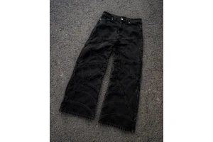 LEDUO Custom Hip Hop Spider Black Striped Print Jeans Men's High Waist Washed Wide Leg Pants