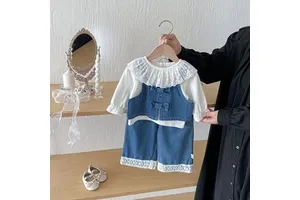 2026 New Style Spring And Autumn Denim Korean Style Long Sleeves Solid Color Three-piece Set Fashion Baby Girl Clothing Suit
