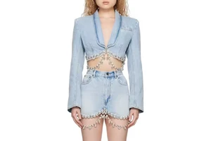 Low Price High Quality Women's Denim Suit Sexy Crop Jacket Top Rhinestone Mini Skirt Acid Wash Faded Denim Women Set