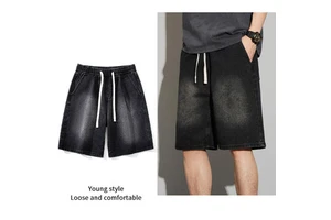 Young Style Men Denim Shorts Summer Comfortable Elastic Waist Straight Leg Short Pants Loose Black Blue Shorts
