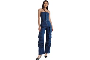 Green Dimple Spot Goods Chic Street Style Topless Waist Slimming Hottie Multi-pocket Denim Overalls Jumpsuit