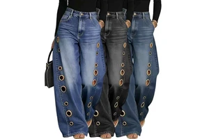 RNSHANGER Women's High Waist Wide Leg Jeans Blue Denim Gold Eyelet Cutout Decor Loose Fit Streetwear Casual Y2K Denim Trousers