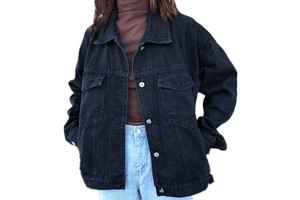 Spring Design Women's Black Denim Jacket Loose Fashion Lady's Long-sleeve Solid Color Style Denim Jacket