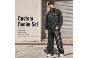Wholesale Two Piece Set Men Black Washed Heavyweight Raw Cut Graphic Embroidery Wide Leg Retro Distressed Denim Jean Suit