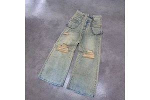 DiZNEW Men's Streetwear Beaded Denim Pants High Quality Vintage Washed Ripped Jeans With Chain and Long Loose Fit