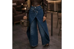 Channel New Arrivals 2026 Asymmetrical Wrap Front Baggy Jeans for Women Streetwear Irregular High Waist Wide Leg Denim Pants