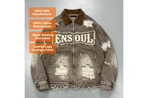 Custom Streetwear Vintage Thick Stonewash Distresssed Embroidery Applique Patch Men Denim Jackets Baggy Zip up Work Jean Jackets