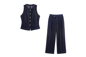 Street Y2K Style Denim Set Custom Women's Washed Slim Vest & Wide Leg Jeans 2-Piece Set Raw Hem Coord Suit Y2K Fashion Denim Set