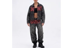 Manufacturer Custom Printed Twill Vintage Wash Distressed Ripped Denim Jacket and Jeans Pants Set for Men