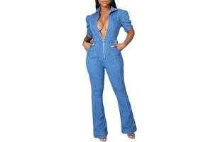 Urban style denim suit for women with tapered pants and bold seam detailing 100% Cotton made Denim Suits for Sale 2026