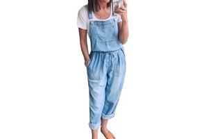 Women's Loose Casual Washed Denim Jumpsuits Solid Drawstrings Overalls
