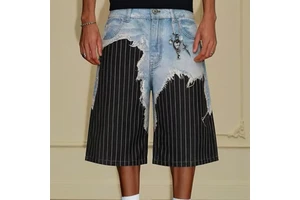 2026 12oz Acid Wash Denim Shorts, Patchwork Striped Design With Frayed Edges,, Men's Y2K Custom Denim Shorts