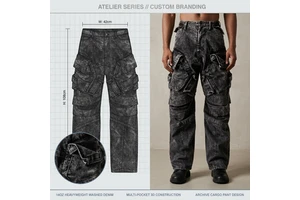 High Street Luxury Vintage Washed Black Distressed Layered Multi-Cargo Pocket Heavyweight 450GSM Denim Stacked Jeans For Men