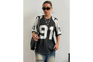 Women's Summer Sports Style Digital Print Color-blocking Spliced Mesh Loose Fit Short-sleeve T-shirt Jersey for Go Outing