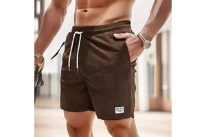 Men's Summer Sports Five-Point Shorts Solid Color Corduroy with Lace-Up Closure Mid Waist Elastic Waist Casual Cargo Pattern