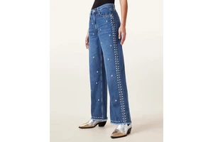 Women's Custom Print Hip Hop Streetwear Summer Breathable Washable Solid Wide Leg Denim Jeans High Waist Crystal Zippers Button