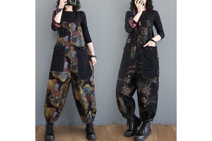 Wholesale Autumn and Winter Large Denim Strap Pants Loose Print Large Pocket Hanging Crotch Casual Harlan Jumpsuit