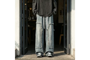 Customized High-Quality Vintage Wash Made Old Raw Edge Jeans Men's and Women's Loose Straight Wide Leg Jeans