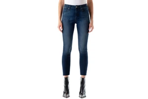 Women Mid Loose Ankle-Length Denim Jeans Solid Color Stonewashed Casual Style Pockets Breathable Knitted Fabric Simple Design