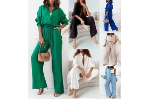 Spring Fall Ladies Pants Plus Size New Loose Elastic Wrinkle Long Sleeve Shirt Wide Leg Pants Casual Suit Women 2-Piece Set