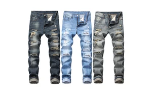 2025 Plus Size Men's Distressed Denim Jeans Pants Big Tall Customizable Logo Stonewashed Straight Style Mid Waist Techniques