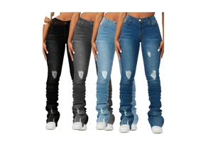 Women's High Rise Solid Color Slim Fit Ripped Stacked Denim Jeans Eco-Friendly Washed Casual Streetwear Vintage Summer