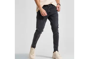 Wholesale Slim Elastic Waist Stretch Canvas Blue Jeans Men's Casual Mid Waist Breathable Plus Size Skinny Logo Denim Trousers