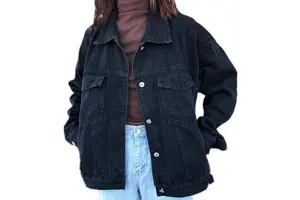 Spring Japanese Design Women's Black Denim Jacket Loose Fashion Lady's Long-sleeve Solid Color Style Denim Jacket