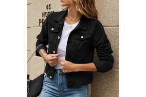 Women's Solid Color Denim Jacket Casual Long Sleeve Button Down Chest Pocket Jean Jacket Coat for Women
