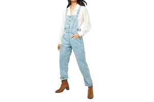 High Waist Button Denim Jumpsuit with Neckline Sleeveless Straight Cut Leg and Square Pockets on the Front White Shorts