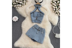 Spicy Girls Fashion Suit Women's Neck Hanging Open Back Slim Fit Short Denim Top Two-piece High Waist Wide Leg Short Skirt S M L