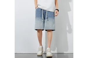 Summer Stylish Casual Denim Shorts Gradient Wash Finish Textured Surface Drawstring Elastic Waist Breathable Men's Shorts