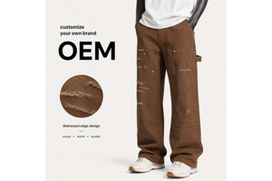 European American High Street Loose Micro Flare Jeans, Washed Ripped Cat Whisker Denim Cargo Work Pants For Men