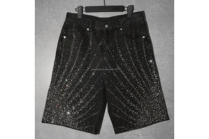 Summer Oversized Distressed Bermuda Jeans Manufacturer Custom Streetwear Acid Wash Jorts Baggy Rhinestone Men's Denim Shorts