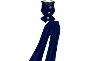2025 Fall Women's Two Piece Denim Pant Suits V Neck Button Down Tank Top and Raw Hem Wide Leg Jeans 2 Piece Outfit