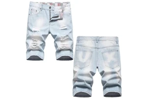 Summer Thin Denim Shorts Men's Ripped Medium Pants Trend Loose Straight Leg Printed Men's Quarter Pants