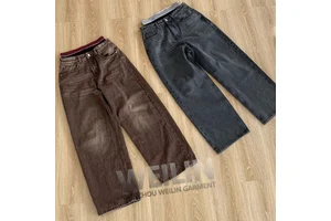 Boyfriend Manufacturer High Quality Custom Wide Leg Acid Wash Vintage Distressed Flared Denim Pant Trouser Jeans for Men
