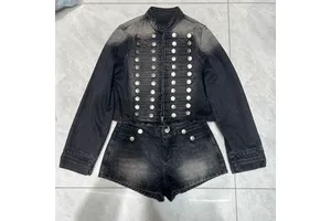 GX-2026 New Fashionable Denim Suit for Women with a Stand-up Collar and Double-button Fastening Two-piece Set