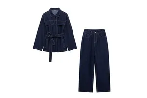 Women's Vintage Waist Tie Waisted Lapel Denim Jacket Trousers 2 Piece Set