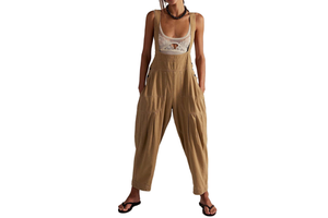 Women's Regular Fit High Waist Summer Denim Overalls Casual Sleeveless Jumpsuit with Button Detail Side Pockets