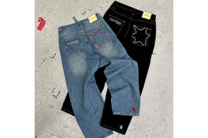 MC BUILD Custom Y2K Men's Letter Printed Denim Jeans With Pockets Embroidery Patch Straight Jean Loose Baggy Street Retro Pants