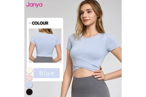 Janya Yoga Shirt Summer Breathable Women Yoga Tops Fitness T-shirt for Women Cross Front Bottom Design Slim Fit Crop Top Female